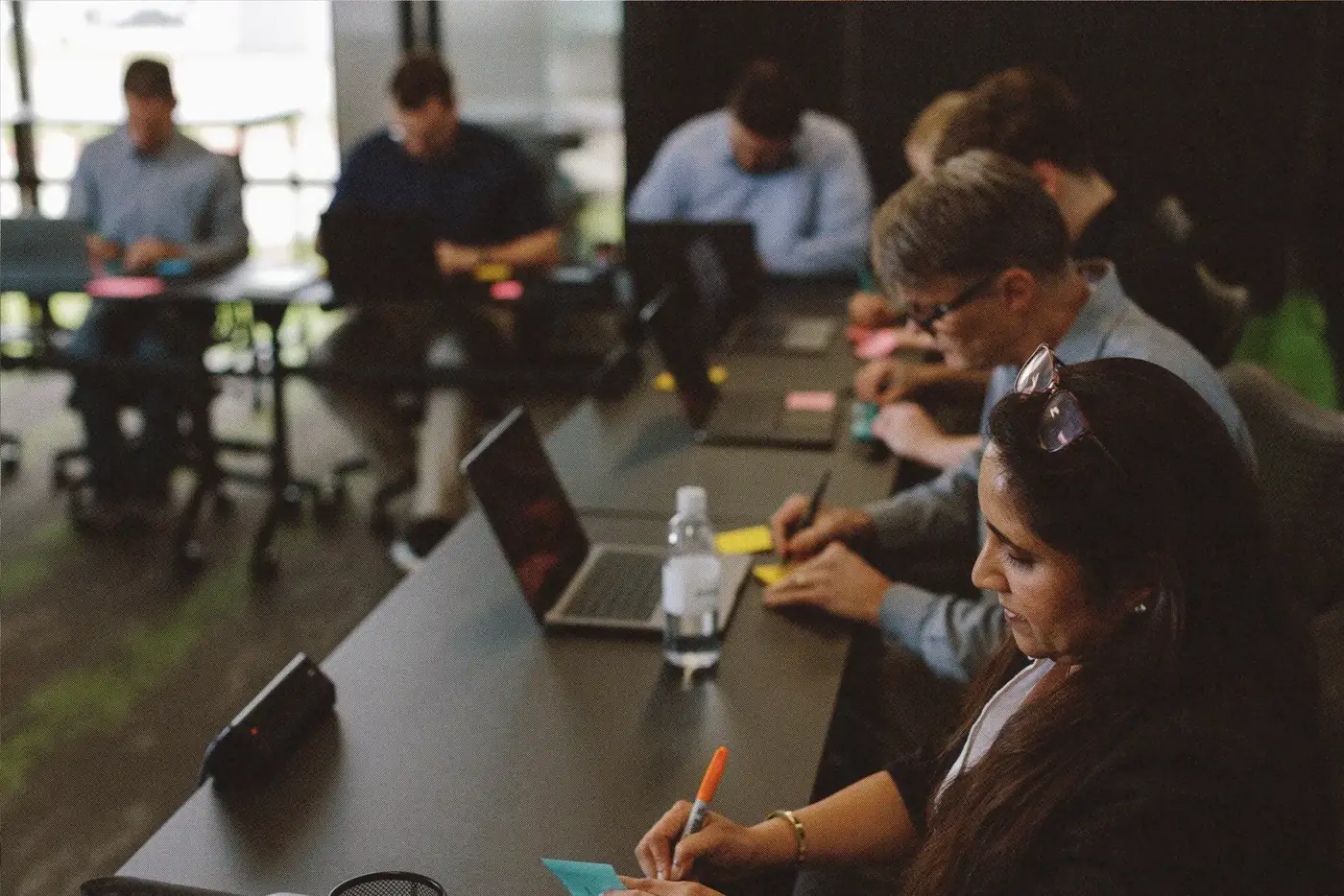A Frogslayer workshop: mapping the work on a wall of sticky notes